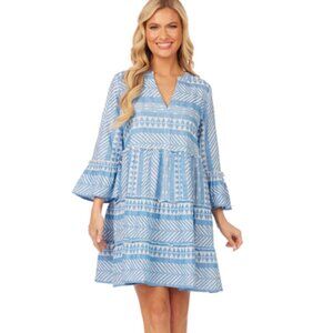 Women's Blue and White Tiered Swim Cover Up Mudpie Renee Yarn Dye Dress